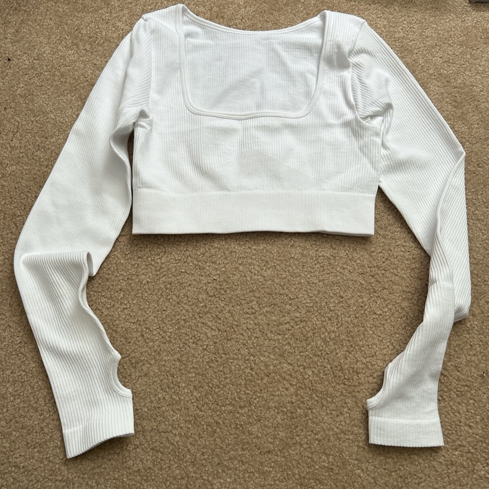 White Ribbed Long Sleeve Crop Top